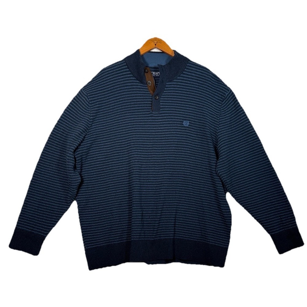 Chaps Mens 3XB Pullover Knit Sweater Shawl Collar Elbow Patches Blue Preppy Lux